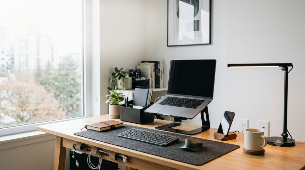 Clean and productive workspace with best desk accessories including a laptop stand, desk mat, organizer, keyboard and mouse
